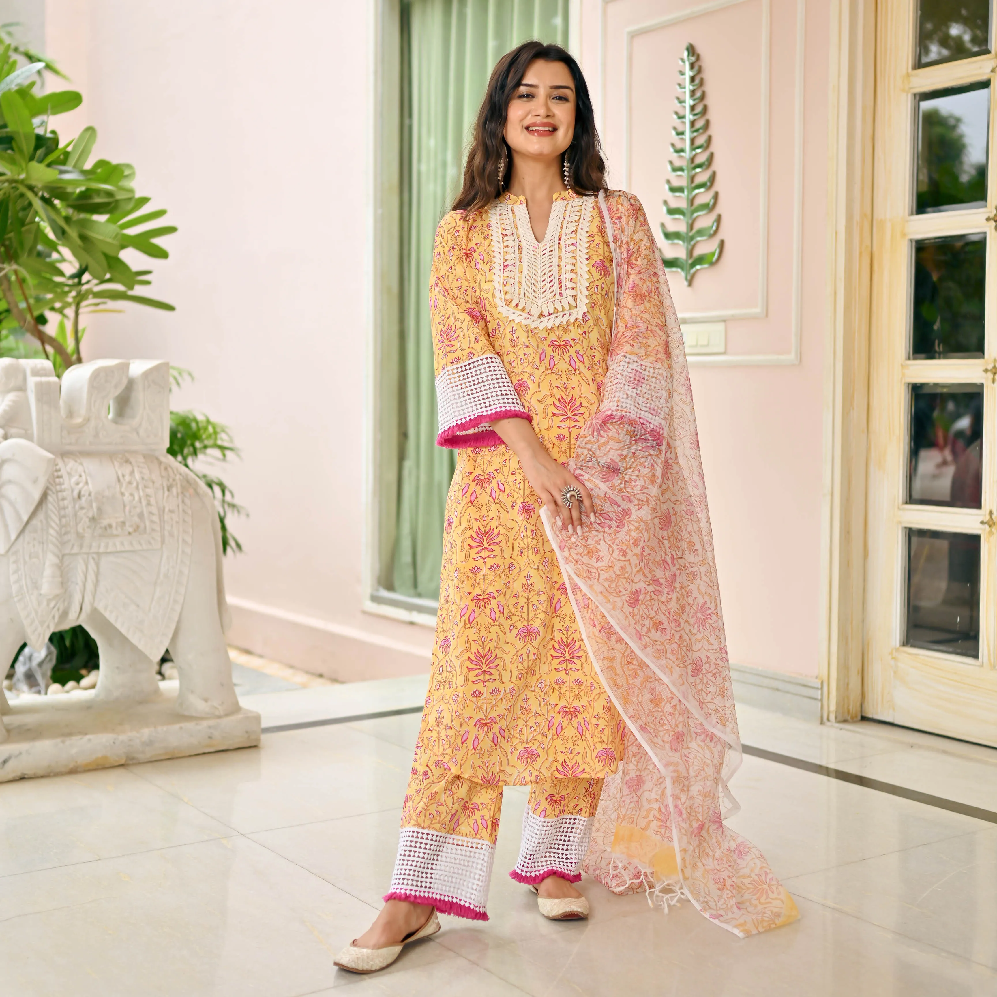 Yellow Pink Handblock Printed Suit Set
